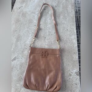 Tory Burch Cognac Pebbled Leather Crossbody Bag with Gold Hardware